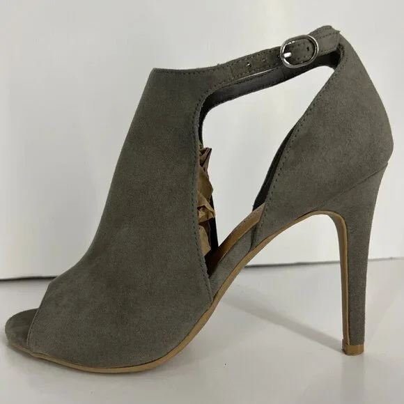 Christian Siriano Taupe / Green Faux Suede Open Toe High Heels Sz 8.5 - Picture 10 of 15